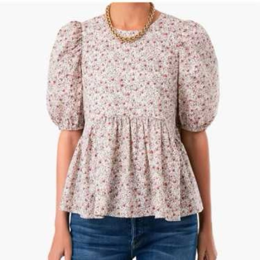 Tuckernuck Floral Puff Sleeve Blouse - Cream and Pink